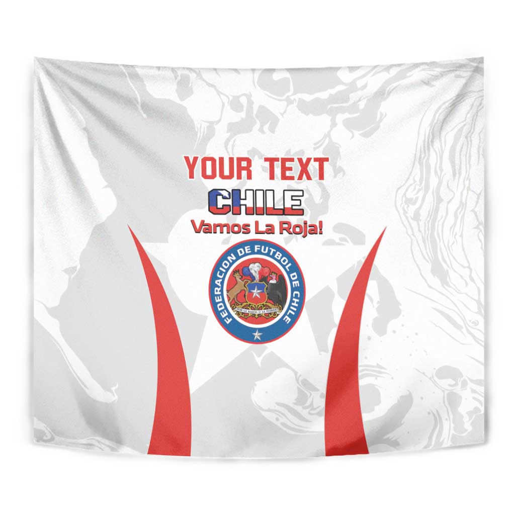 Close-up white Chile tapestry with blue crest, red side stripes, and Your Text header