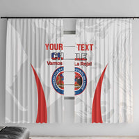 White Chile football window curtain with crest, red stripes, and custom 'YOUR TEXT' placement