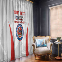 White Chile football window curtain with crest and red diagonal stripes, custom text on panels