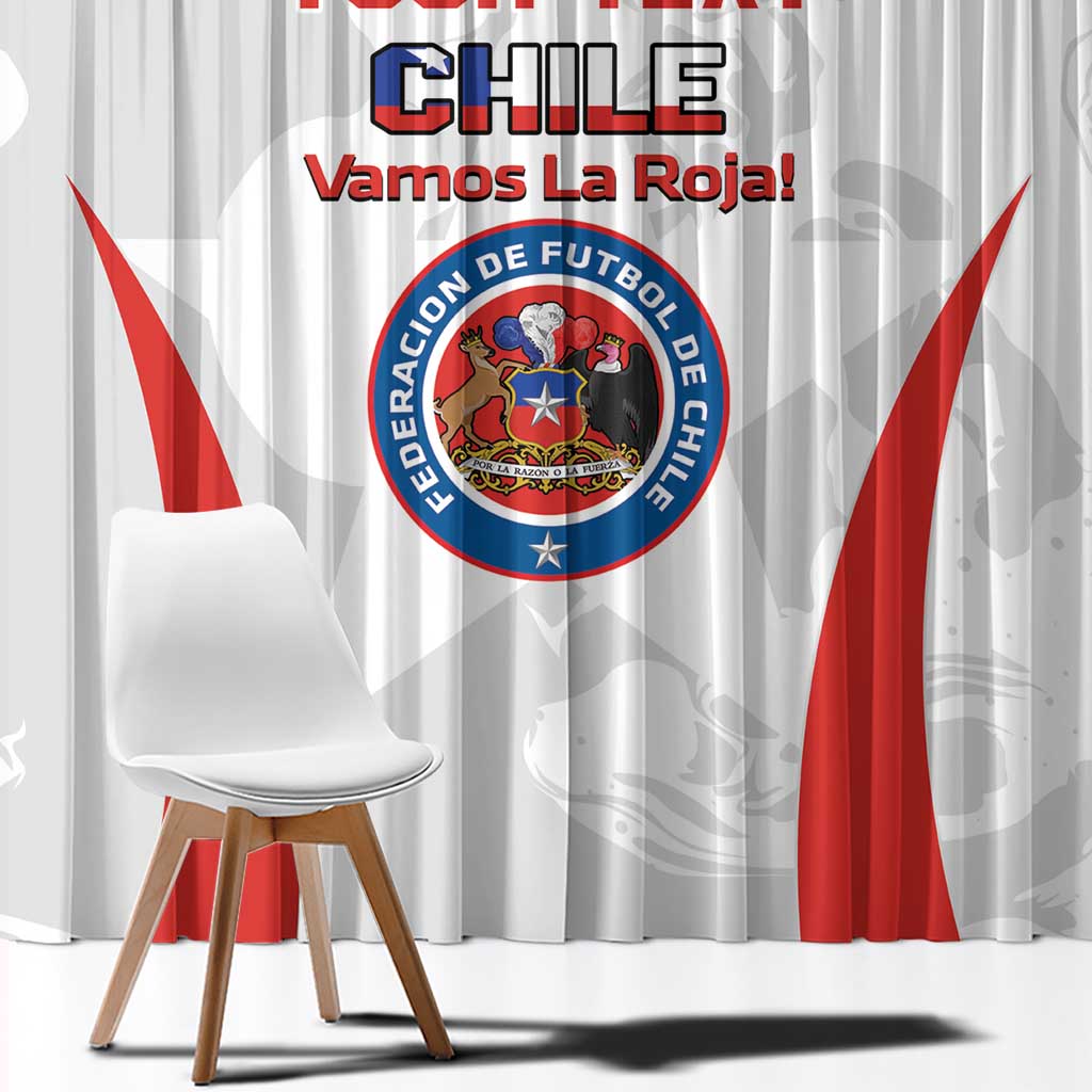 White Chile football window curtain with crest, red stripes, and 'YOUR TEXT' design