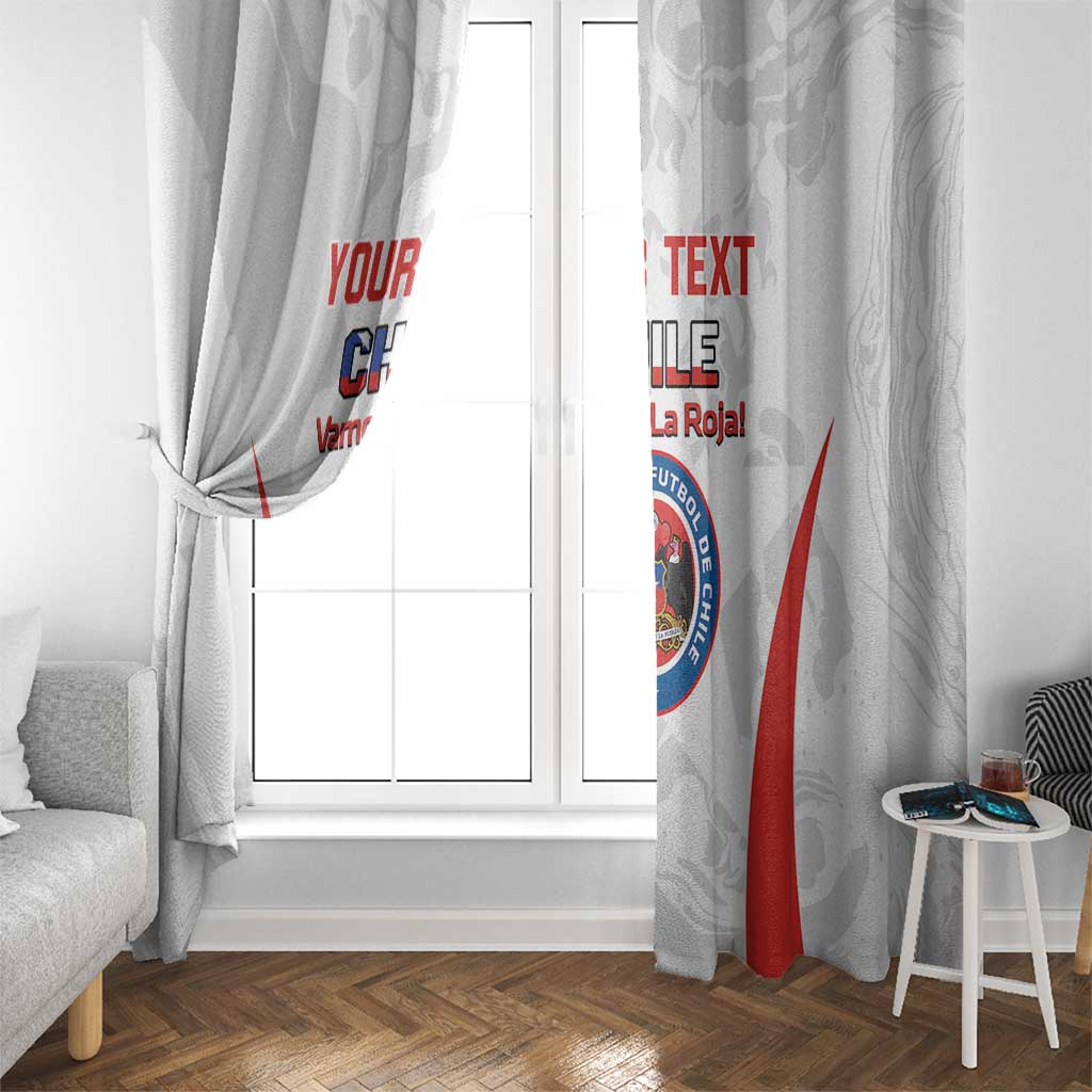 White Chile football curtain by the window with crest, red stripes, and custom text panels