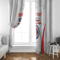White Chile football curtain by the window with crest, red stripes, and custom text panels