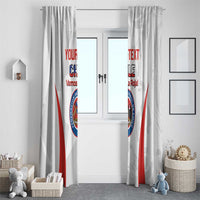 White Chile window curtain set with crest and red side stripes, showing custom text panels