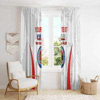 White Chile football window curtain with crest, red stripes, and 'YOUR TEXT' design in view