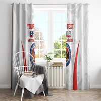 White Chile football curtain with center crest, red diagonal stripes, and custom 'YOUR TEXT'