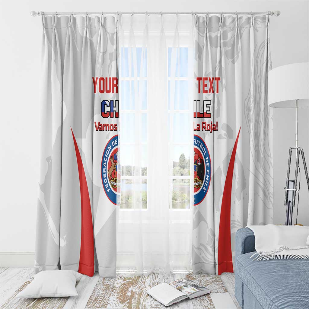 White Chile football curtain with crest, red diagonal stripes, and 'YOUR TEXT' text layout