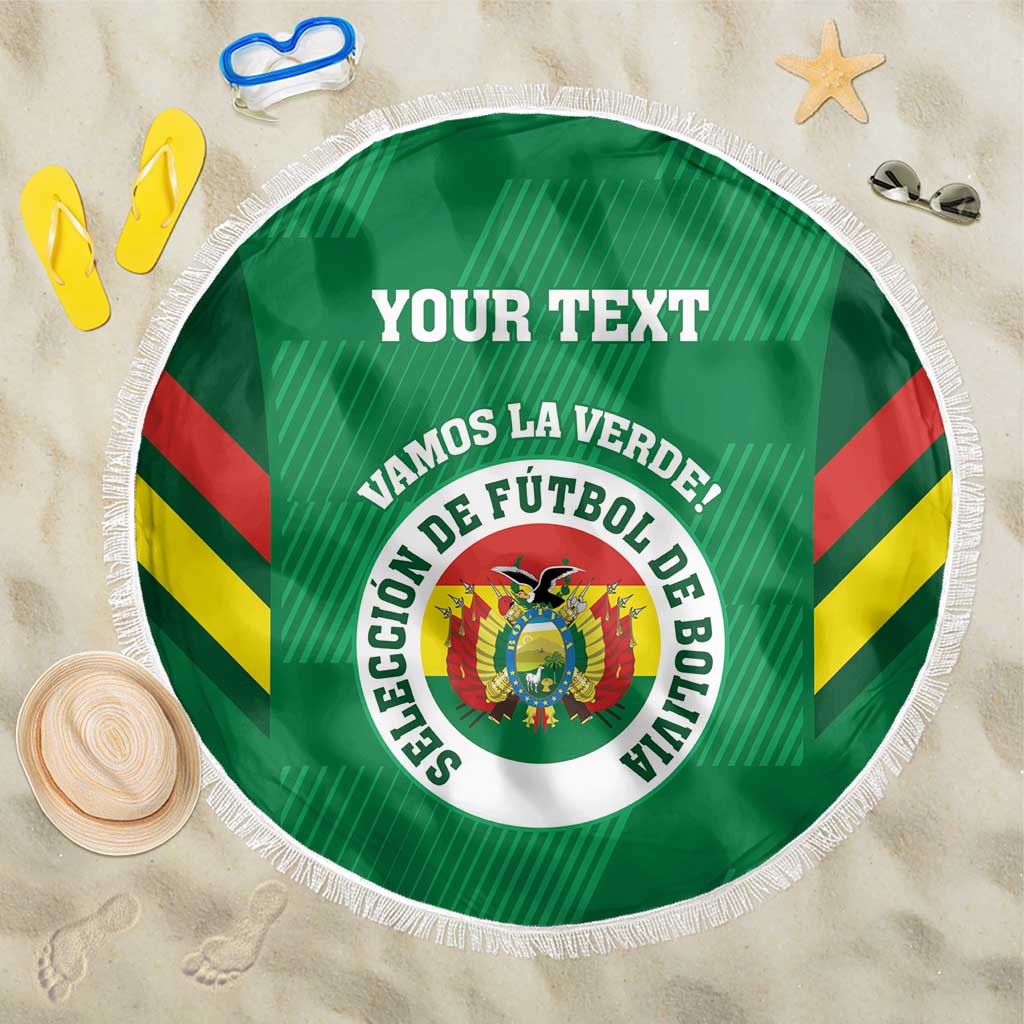 Green round beach blanket with white fringe, Bolivia crest and 'YOUR TEXT' center.