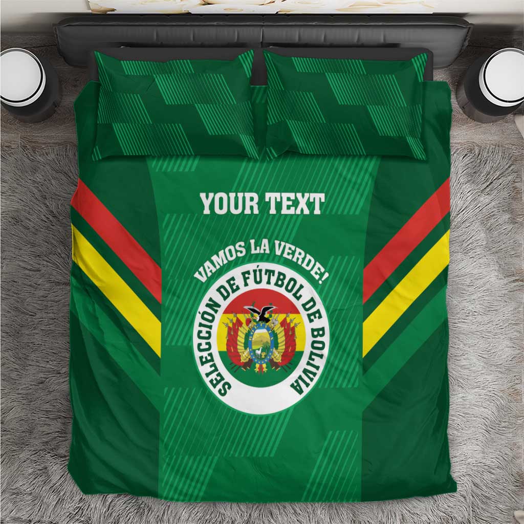 Green duvet cover bedding set with crest logo, "YOUR TEXT", and red-yellow striped borders