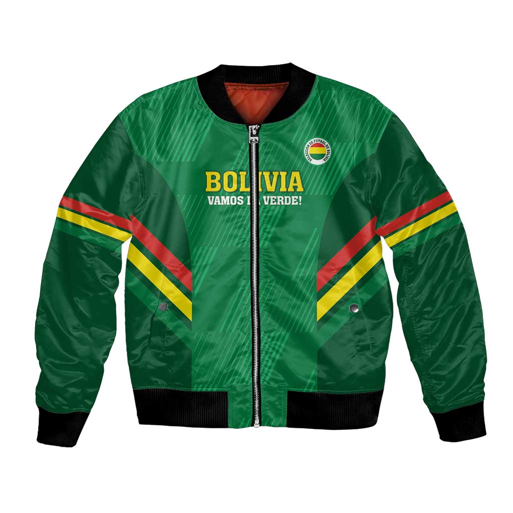 Green Bolivia football bomber jacket with front zipper and yellow-red stripe sleeves