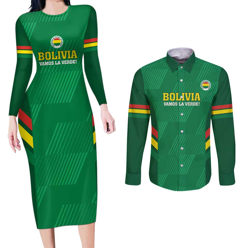 Custom Bolivia Football Couples Matching Long Sleeve Bodycon Dress and Long Sleeve Button Shirt 2024 Vamos La Verde - Green - Wonder Print Shop