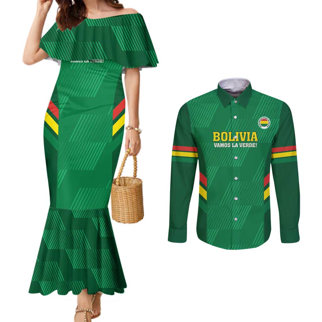 Custom Bolivia Football Couples Matching Mermaid Dress and Long Sleeve Button Shirt 2024 Vamos La Verde - Green