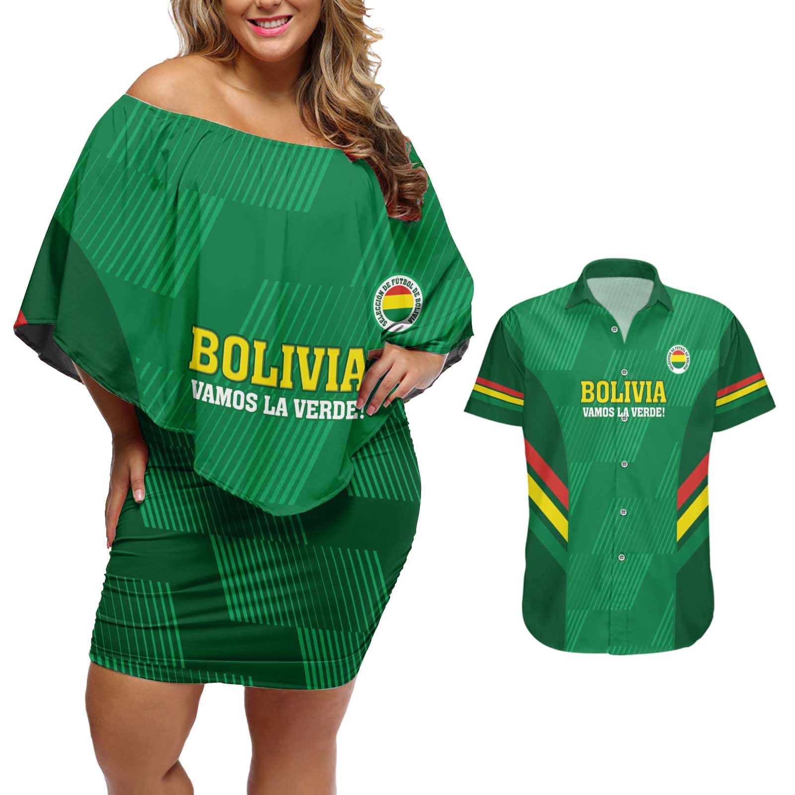 Custom Bolivia Football Couples Matching Off Shoulder Short Dress and Hawaiian Shirt 2024 Vamos La Verde - Green - Wonder Print Shop