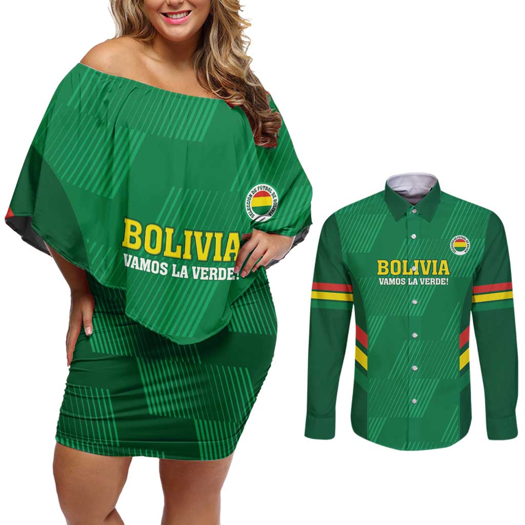 Custom Bolivia Football Couples Matching Off Shoulder Short Dress and Long Sleeve Button Shirt 2024 Vamos La Verde - Green - Wonder Print Shop