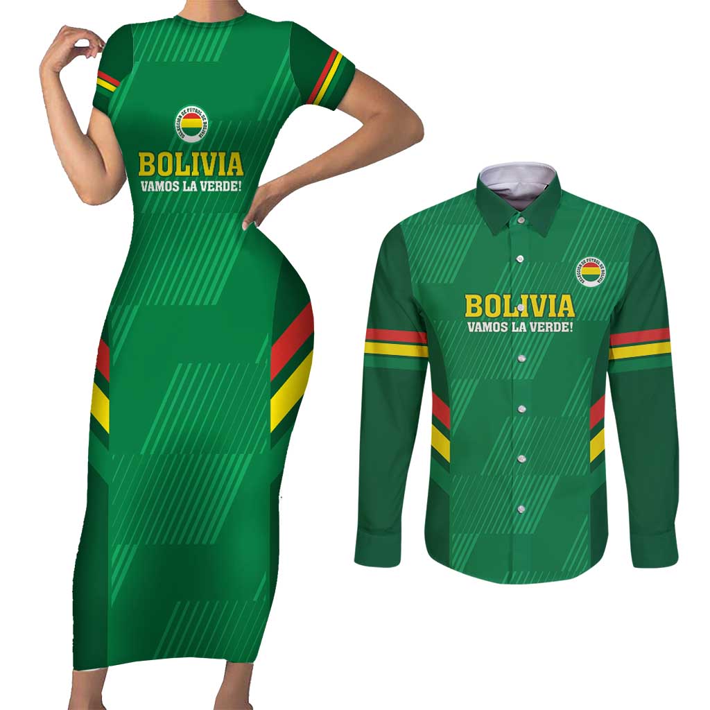 Custom Bolivia Football Couples Matching Short Sleeve Bodycon Dress and Long Sleeve Button Shirt 2024 Vamos La Verde - Green - Wonder Print Shop