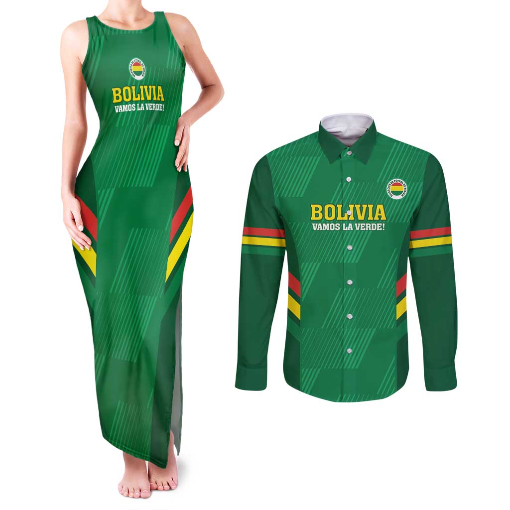 Custom Bolivia Football Couples Matching Tank Maxi Dress and Long Sleeve Button Shirt 2024 Vamos La Verde - Green - Wonder Print Shop