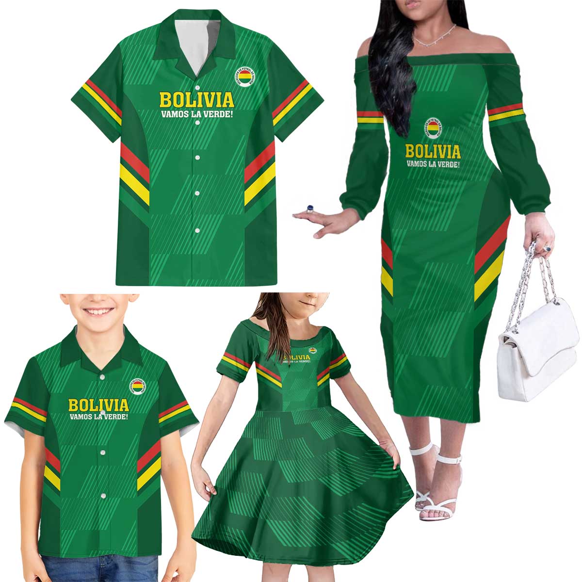 Custom Bolivia Football Family Matching Off The Shoulder Long Sleeve Dress and Hawaiian Shirt 2024 Vamos La Verde - Green - Wonder Print Shop