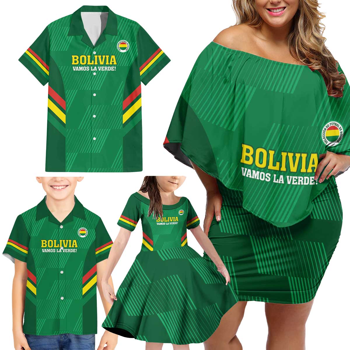 Custom Bolivia Football Family Matching Off Shoulder Short Dress and Hawaiian Shirt 2024 Vamos La Verde - Green - Wonder Print Shop