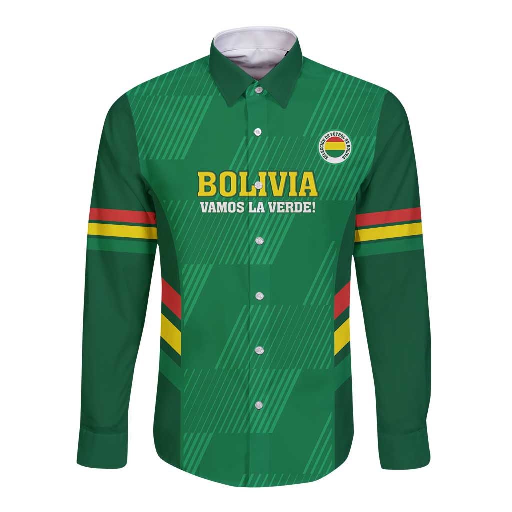 Green long-sleeve button football shirt with Bolivia crest and 'Vamos la Verde' text