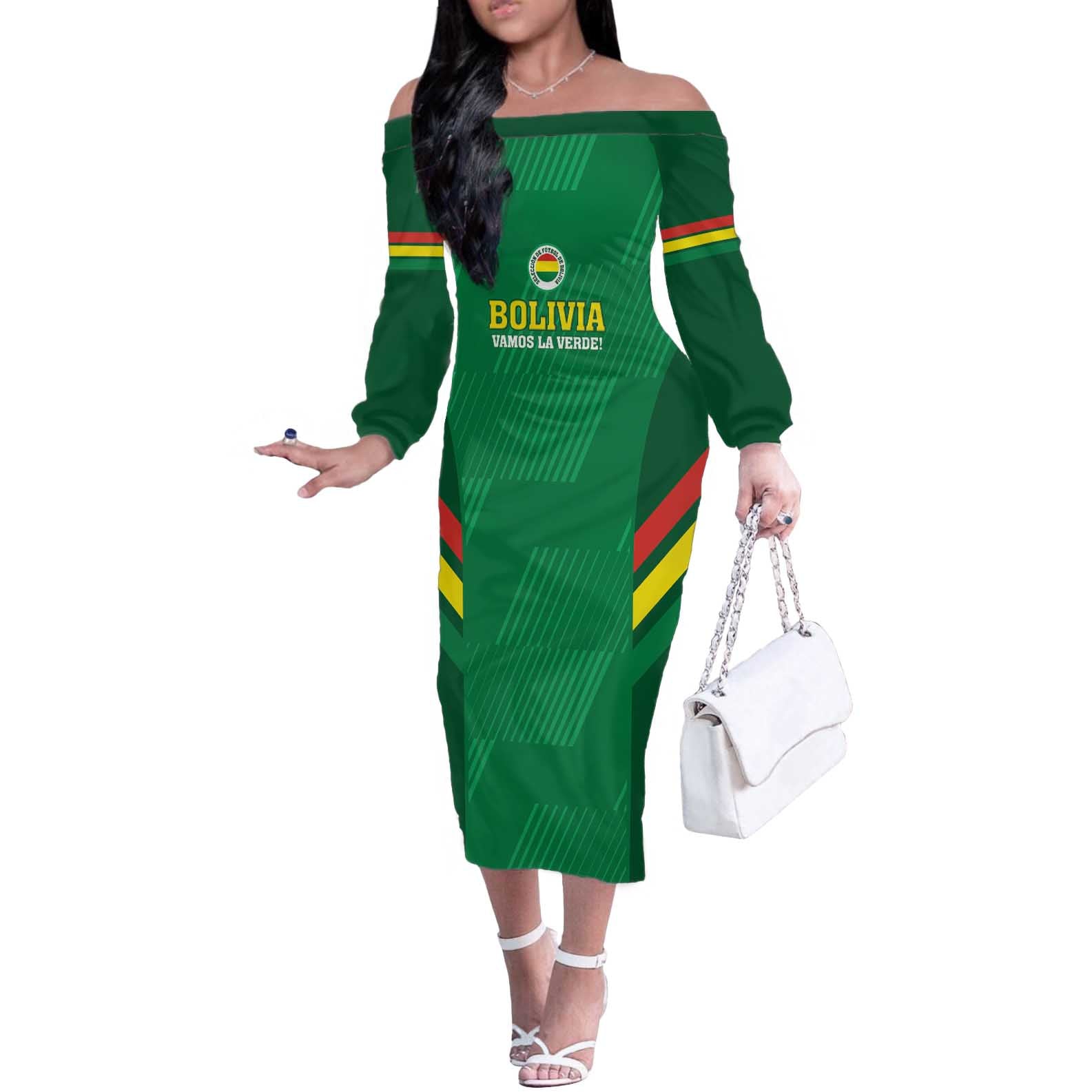 Custom Bolivia Football Off The Shoulder Long Sleeve Dress 2024 Vamos La Verde - Green - Wonder Print Shop