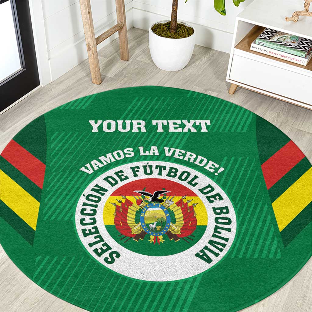 Green round football carpet with Bolivia crest and circular VAMOS LA VERDE text