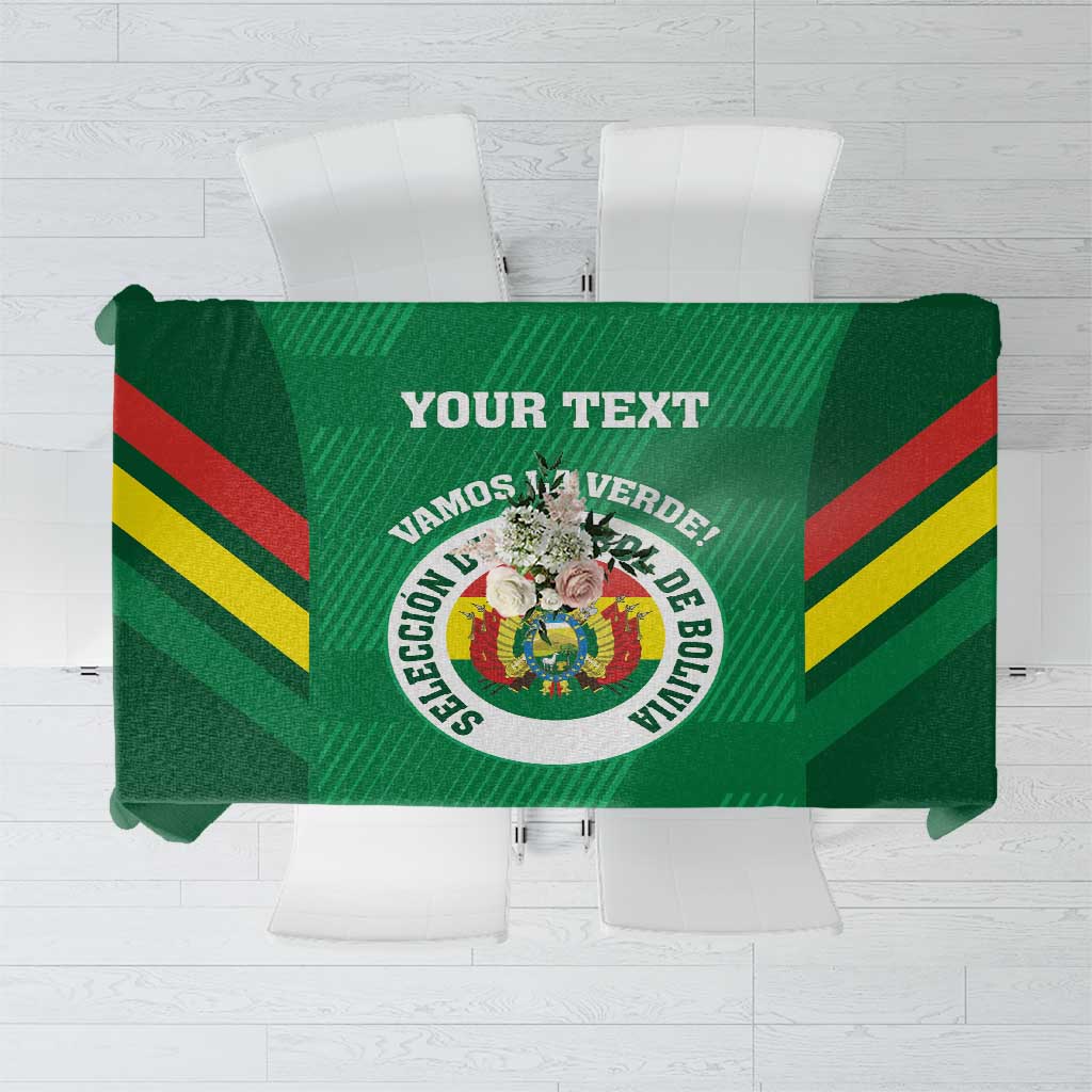 Green football tablecloth top view with Bolivia crest, “Vamos La Verde” text, and stripes