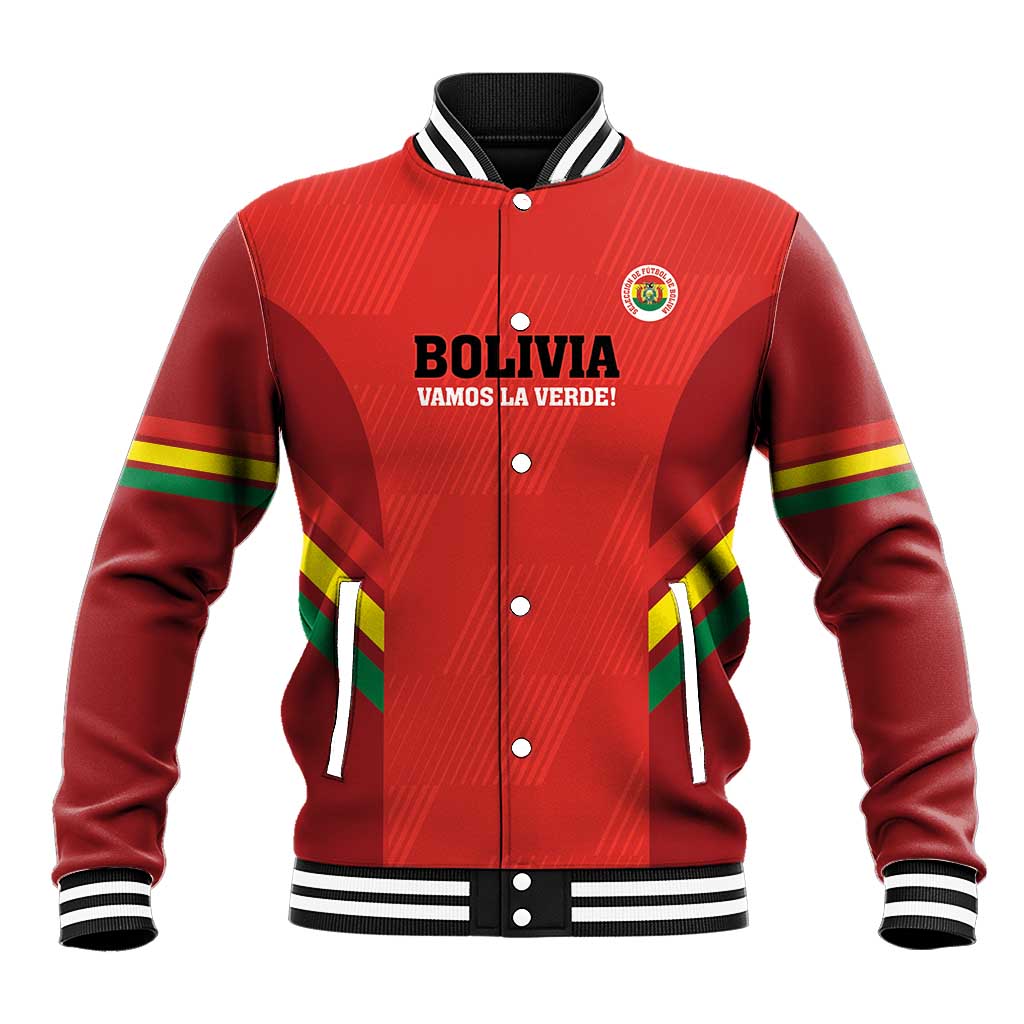 Red baseball jacket with ribbed collar, black/white stripes, snap buttons, Bolivia front graphic