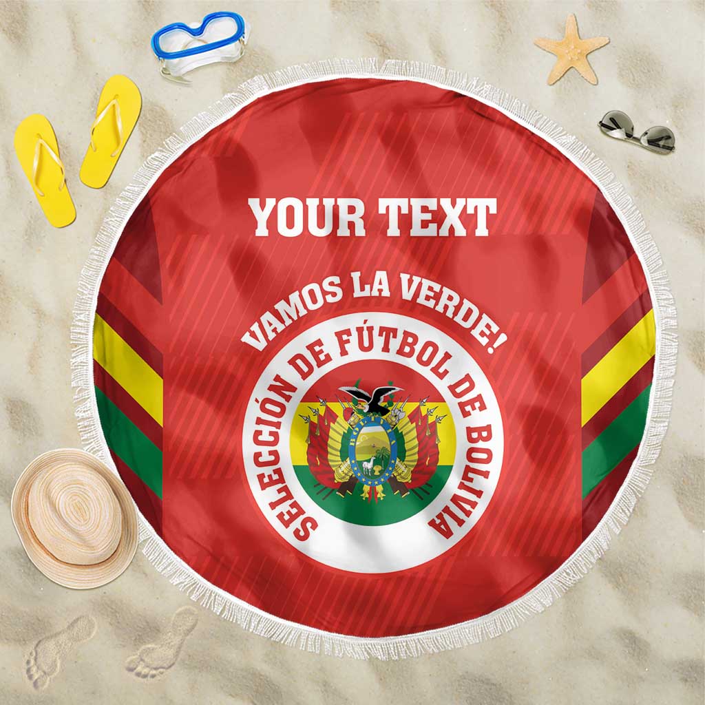 Red round beach blanket with white fringe and Bolivia crest graphic in the center