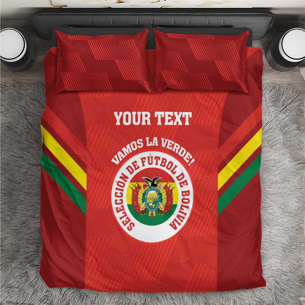 Red football bedding set featuring large center crest, bold geometric stripes on duvet