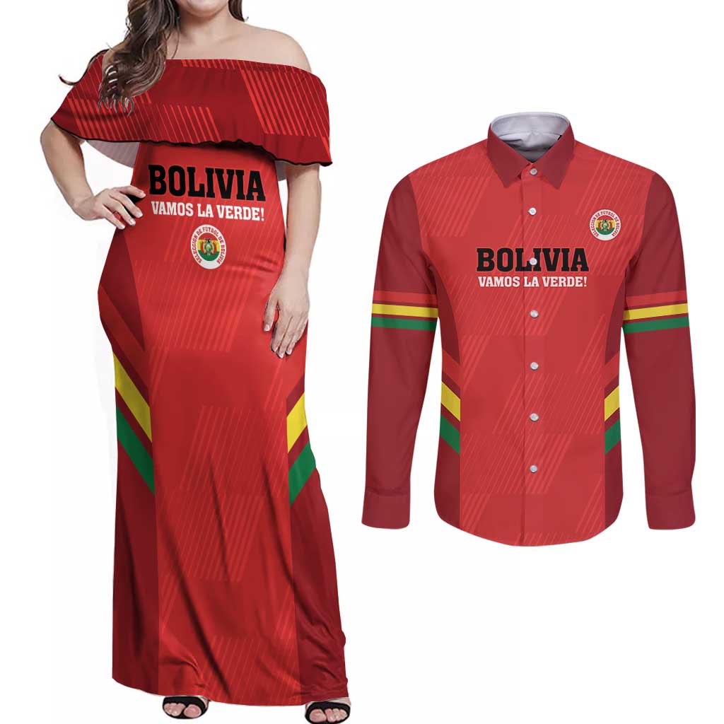 Custom Bolivia Football Couples Matching Off Shoulder Maxi Dress and Long Sleeve Button Shirt 2024 Vamos La Verde - Red - Wonder Print Shop