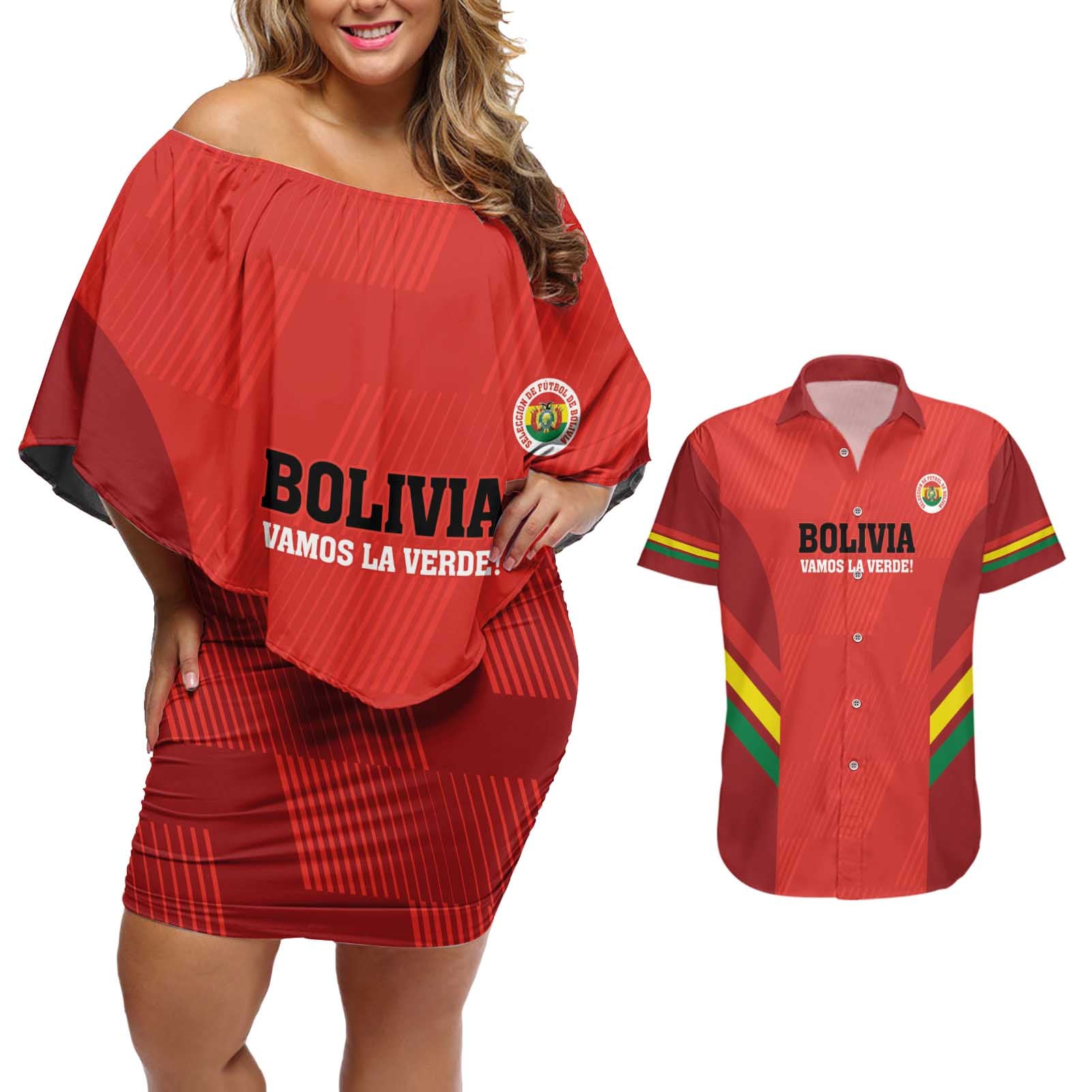 Custom Bolivia Football Couples Matching Off Shoulder Short Dress and Hawaiian Shirt 2024 Vamos La Verde - Red - Wonder Print Shop