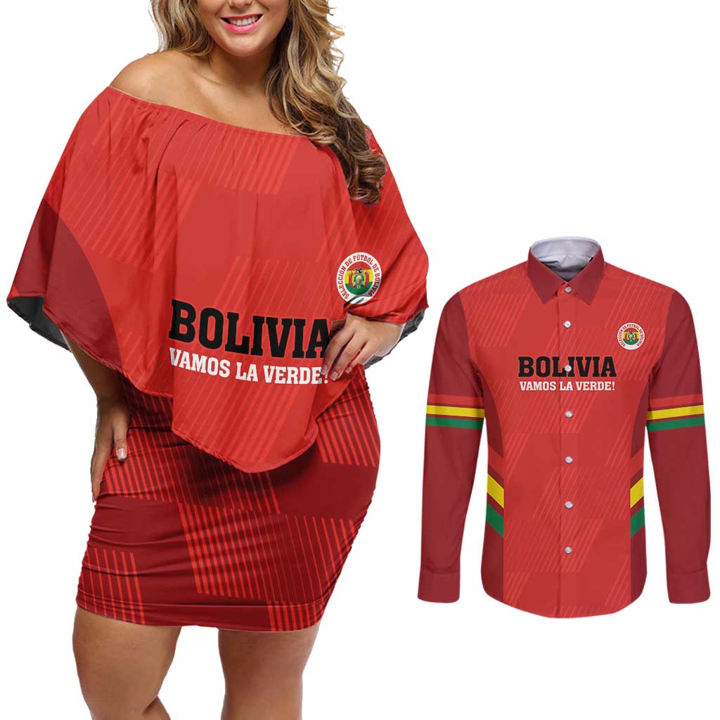 Custom Bolivia Football Couples Matching Off Shoulder Short Dress and Long Sleeve Button Shirt 2024 Vamos La Verde - Red - Wonder Print Shop