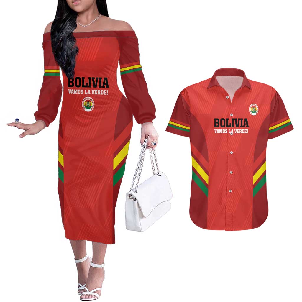 Custom Bolivia Football Couples Matching Off The Shoulder Long Sleeve Dress and Hawaiian Shirt 2024 Vamos La Verde - Red - Wonder Print Shop