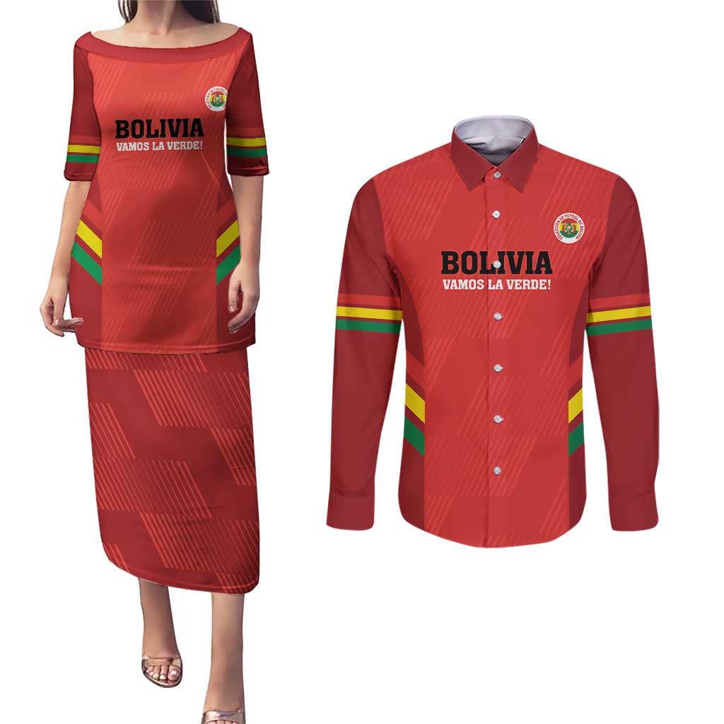 Custom Bolivia Football Couples Matching Puletasi and Long Sleeve Button Shirt 2024 Vamos La Verde - Red - Wonder Print Shop