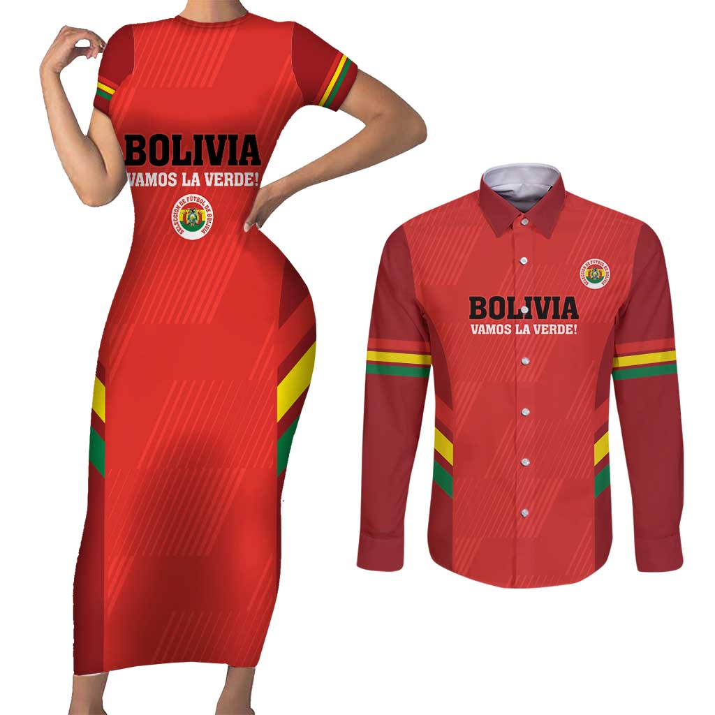 Custom Bolivia Football Couples Matching Short Sleeve Bodycon Dress and Long Sleeve Button Shirt 2024 Vamos La Verde - Red - Wonder Print Shop