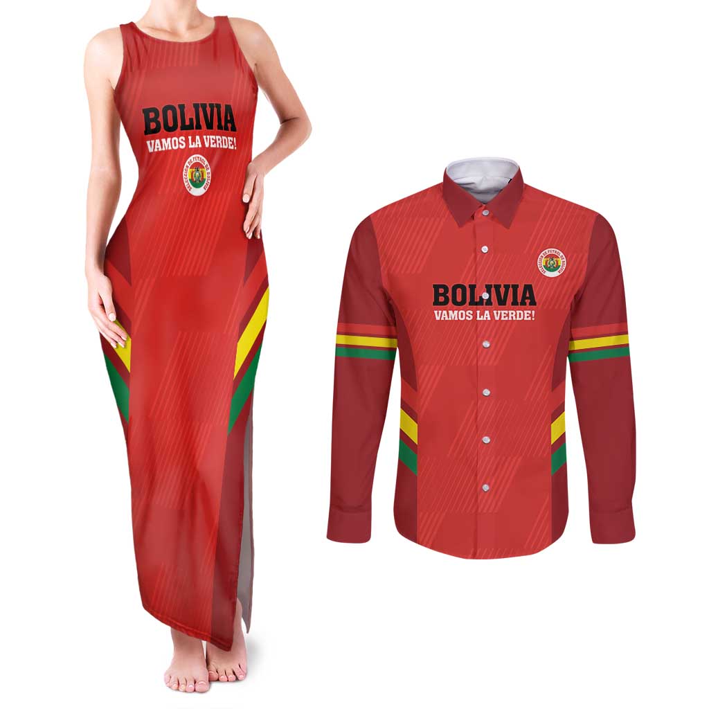 Custom Bolivia Football Couples Matching Tank Maxi Dress and Long Sleeve Button Shirt 2024 Vamos La Verde - Red - Wonder Print Shop