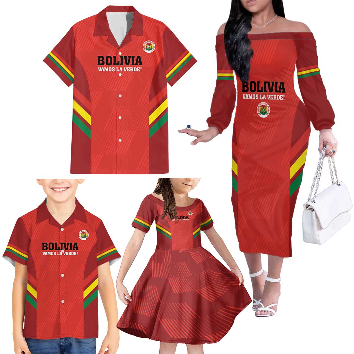 Custom Bolivia Football Family Matching Off The Shoulder Long Sleeve Dress and Hawaiian Shirt 2024 Vamos La Verde - Red - Wonder Print Shop