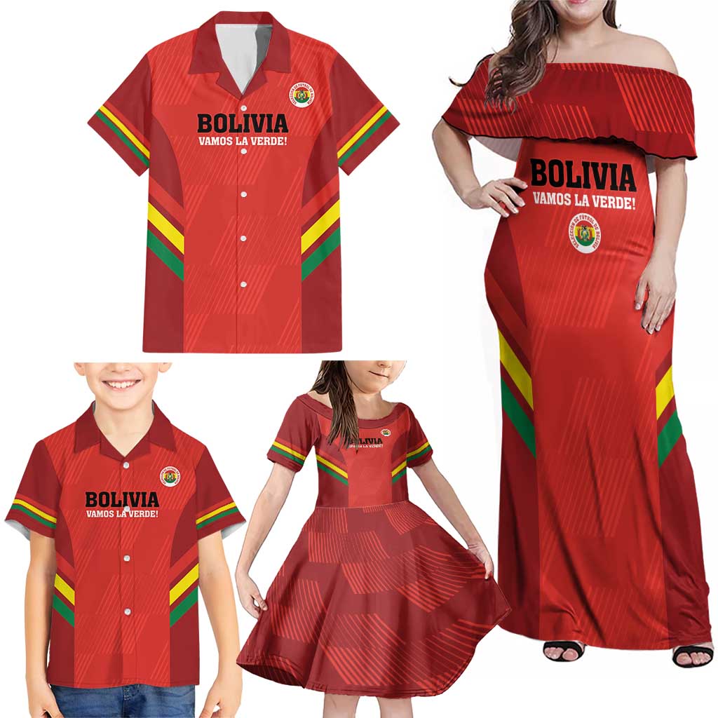 Custom Bolivia Football Family Matching Off Shoulder Maxi Dress and Hawaiian Shirt 2024 Vamos La Verde - Red - Wonder Print Shop