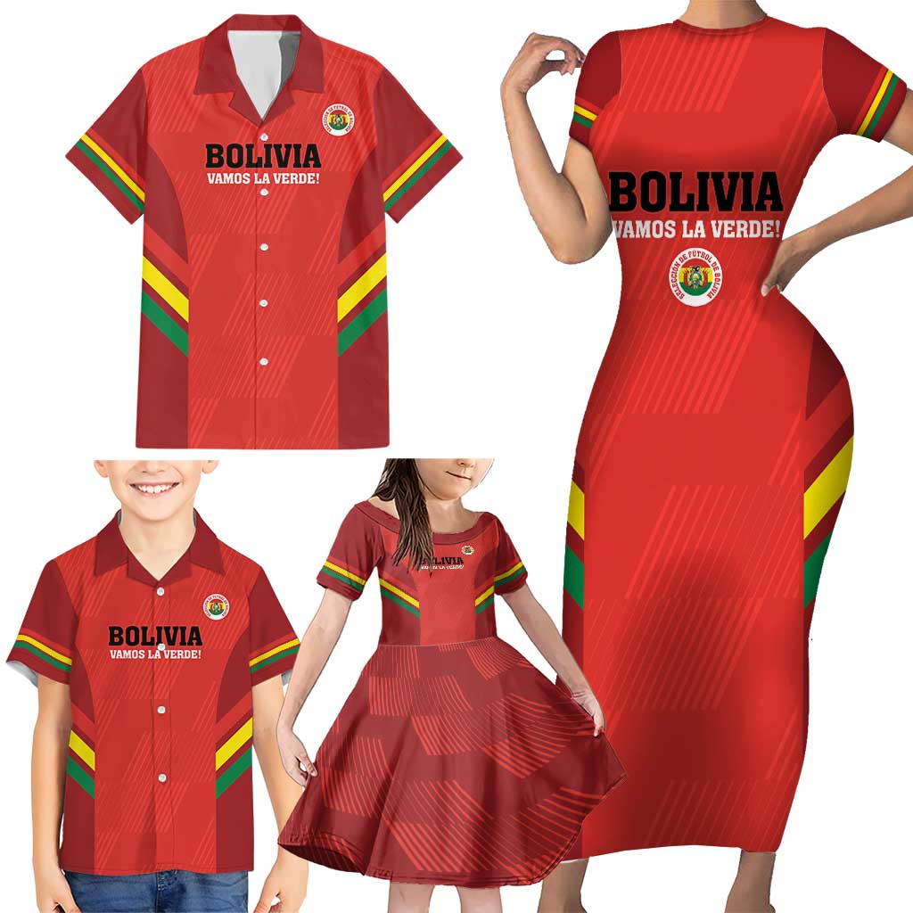 Custom Bolivia Football Family Matching Short Sleeve Bodycon Dress and Hawaiian Shirt 2024 Vamos La Verde - Red - Wonder Print Shop