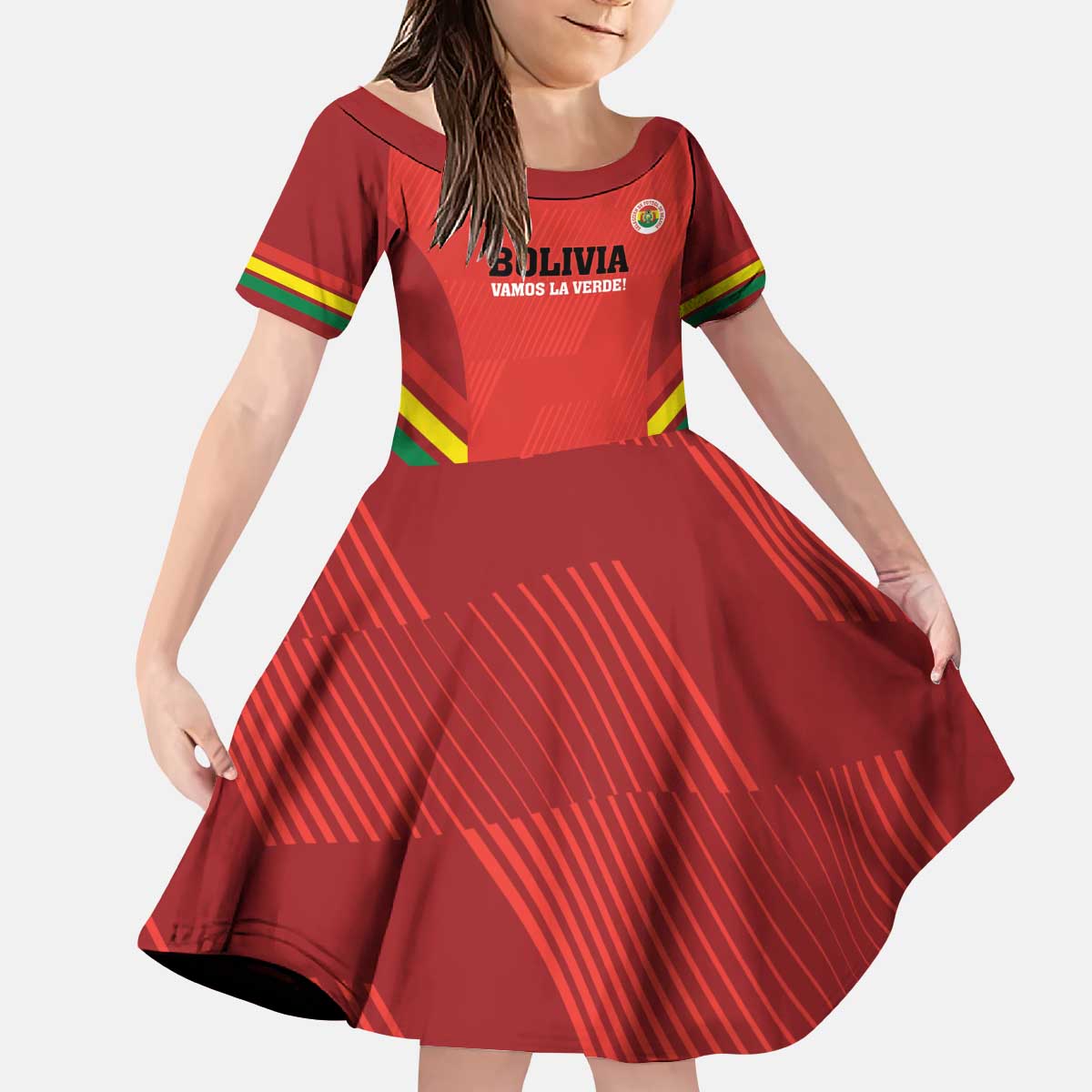 Custom Bolivia Football Kid Short Sleeve Dress 2024 Vamos La Verde - Red - Wonder Print Shop