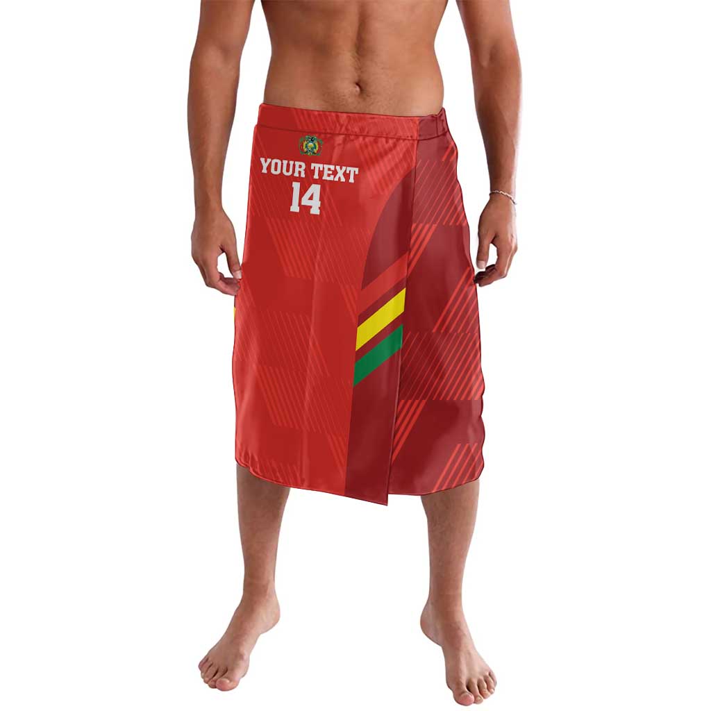 Red football lavalava shorts with elastic waistband, side slit, printed text and number 14