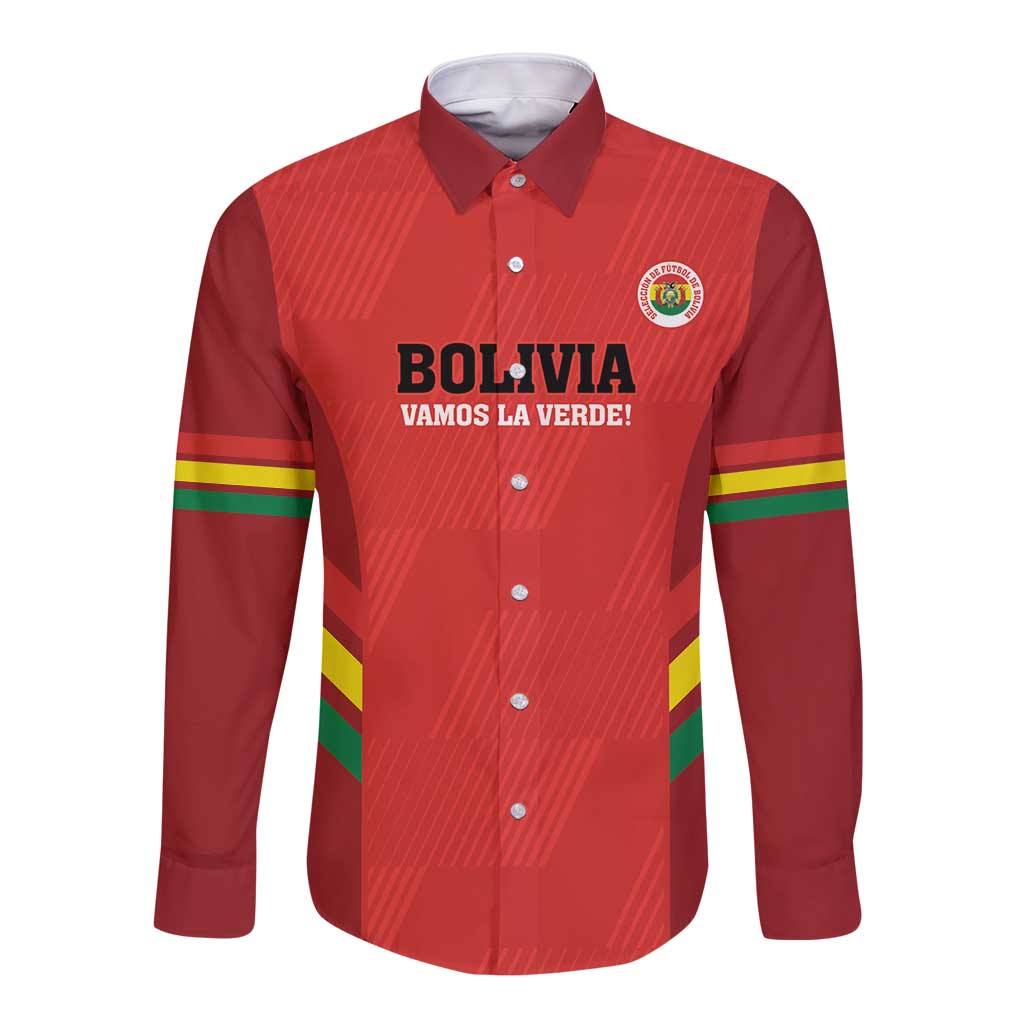Red long-sleeve football button shirt with Bolivia crest and green-yellow sleeve stripes