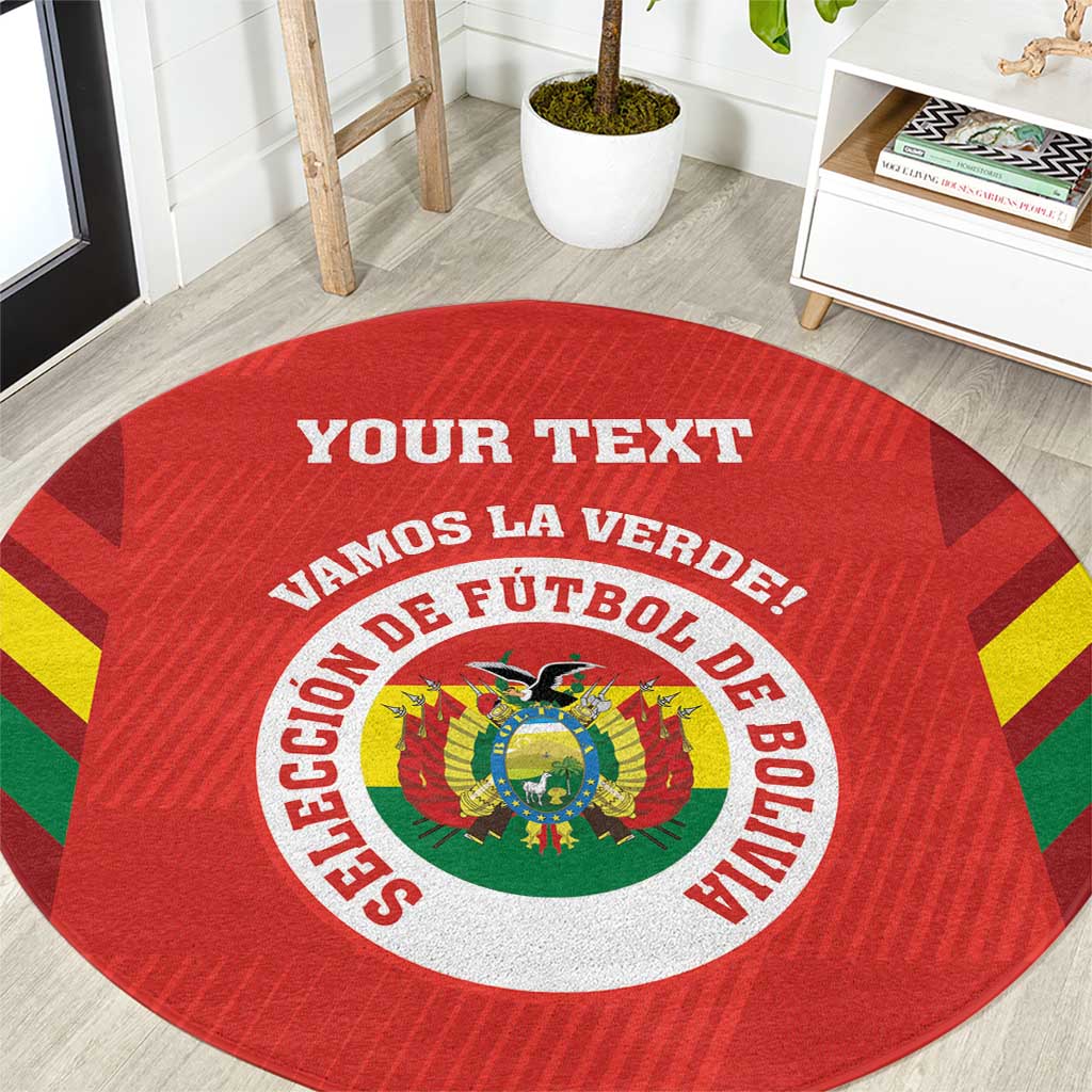 Red round football carpet with Bolivia emblem in the center and side stripe accents