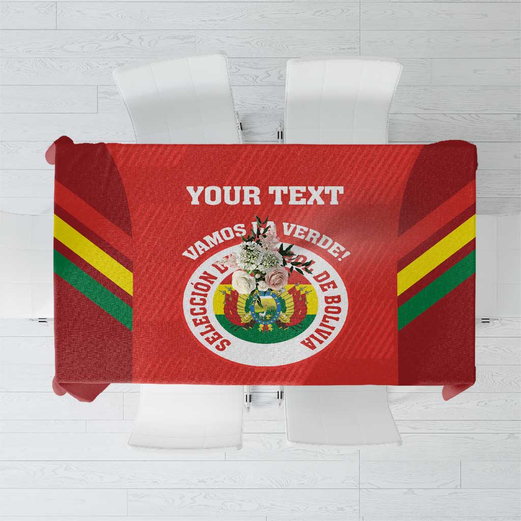 Red football tablecloth with diagonal yellow-green stripes and Bolivia crest center