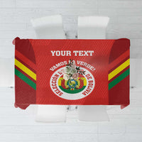 Red football tablecloth with diagonal yellow-green stripes and Bolivia crest center
