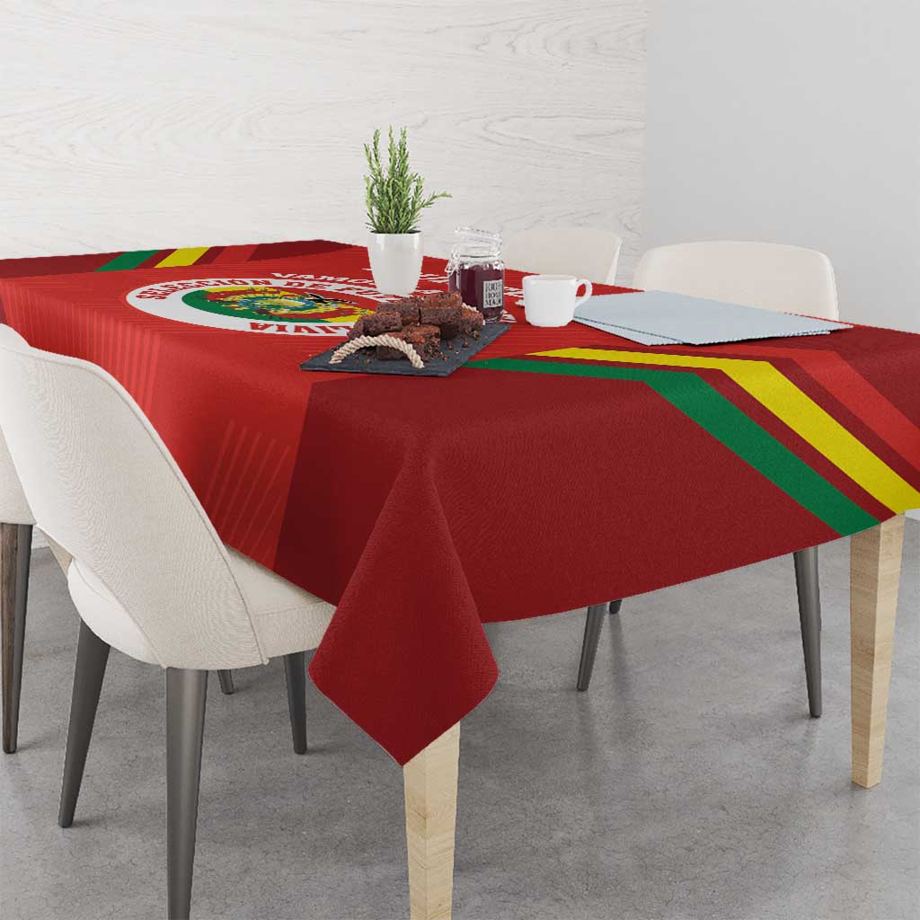Red football tablecloth with multicolor diagonal bands and Bolivia crest emblem