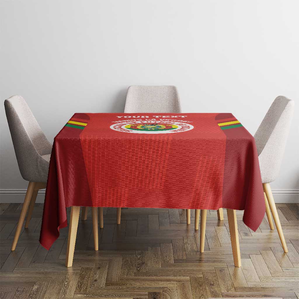Red football tablecloth with Bolivia crest and yellow-green diagonal stripe accents