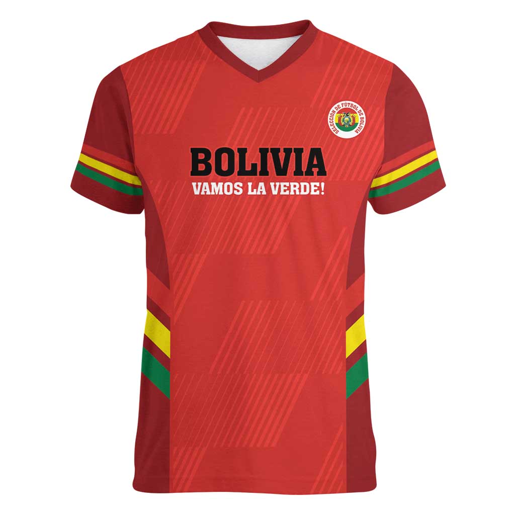 Custom Bolivia Football Women V-Neck T-Shirt 2024 Vamos La Verde - Red - Wonder Print Shop