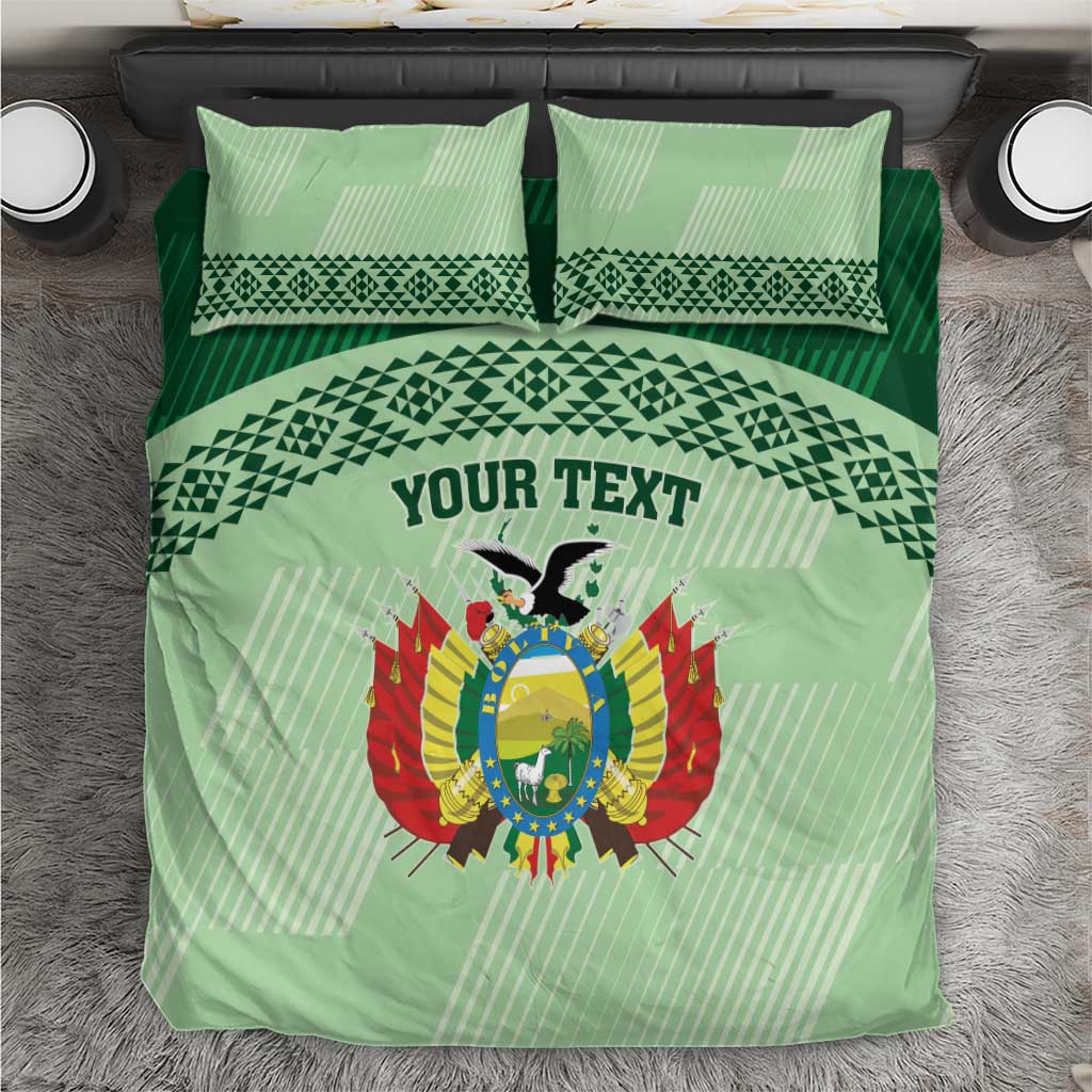 Sea green football bedding set with crest graphic and 'YOUR TEXT' on duvet, two pillowcases
