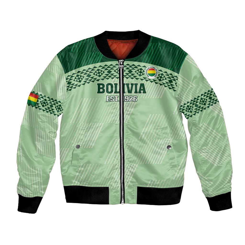 Sea green football bomber jacket with Bolivia crest, front zip, black ribbed trims