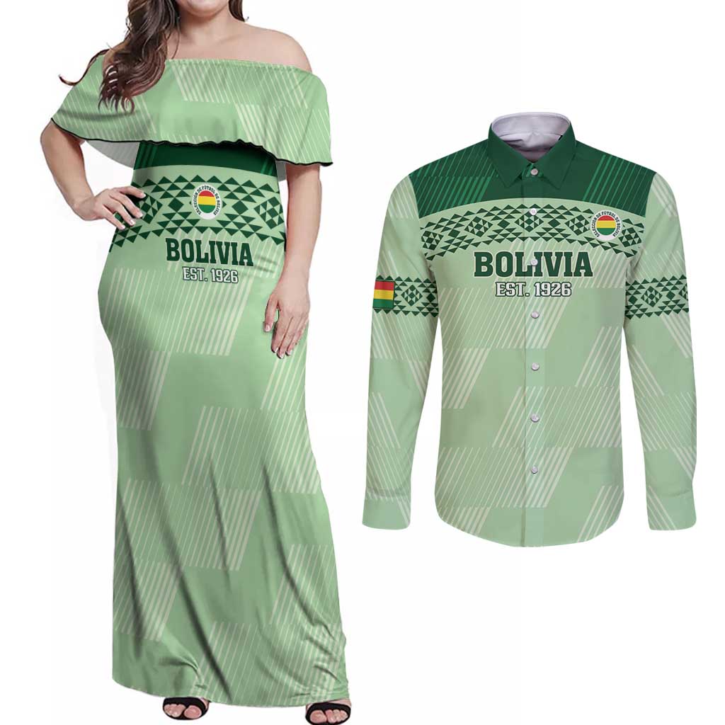 Custom La Verde Bolivia Football Couples Matching Off Shoulder Maxi Dress and Long Sleeve Button Shirt Est 1926 Newest Version - Wonder Print Shop